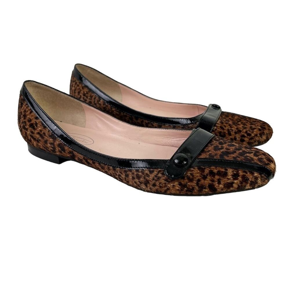 Talbots Women's Genuine Leather Calf Hair Fur Slip On Flats Leopard Shoes  8 AA